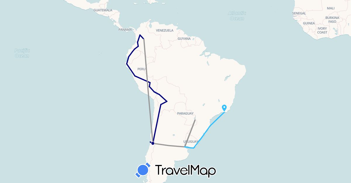 TravelMap itinerary: driving, plane, boat in Argentina, Bolivia, Brazil, Chile, Colombia, Ecuador, Peru, Uruguay (South America)